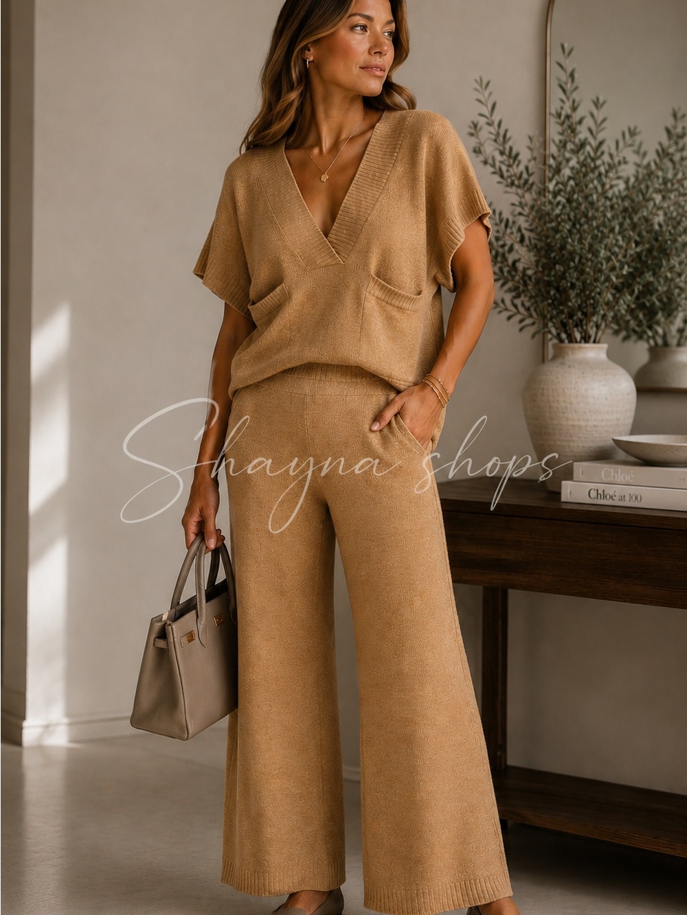 Heyson Camel Knit Wide-Leg Pants Set